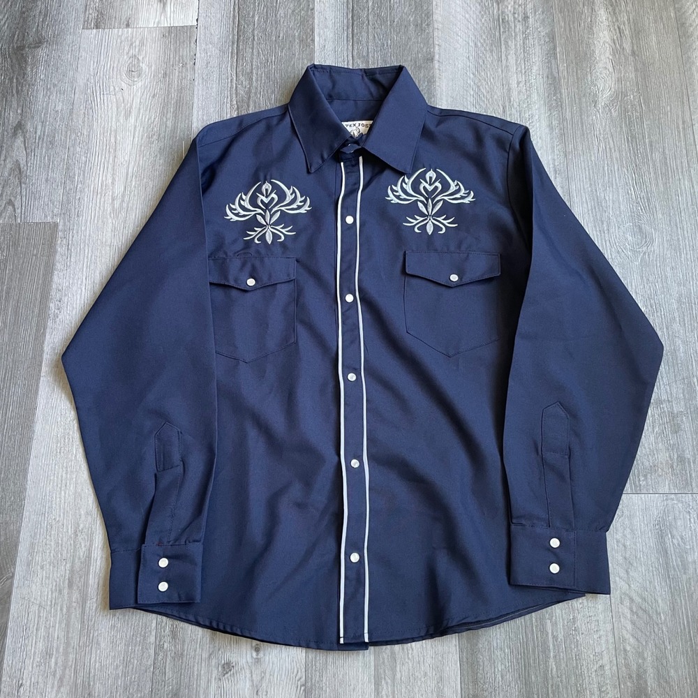 Tex Joss Western Shirt Mens L Navy Blue Embroidered Pearl Snap Front Cowboy